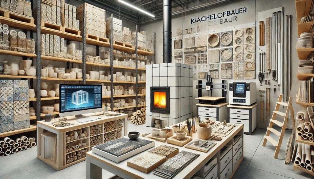 Der Prompt zum Bild von DALL·E: Hier ist das Bild einer digitalisierten und modernisierten Werkstatt eines Kachelofenbauers, das die Verbindung von traditionellem Handwerk mit moderner Technologie zeigt.